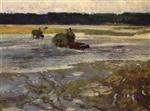 Haycart and Oxenn Wading through Water