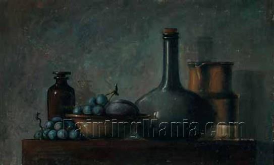 Still Life with Grapes, Bottle, and Stoneware