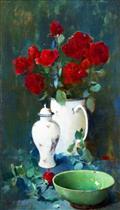 Still life with roses and oriental vases