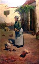 Woman Feeding Chickens