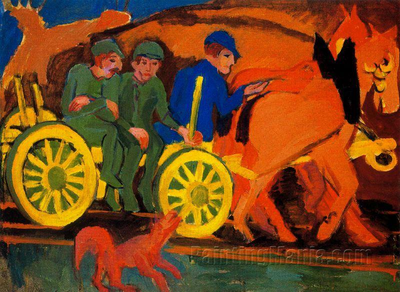 Carro e cavalli con tre contadini