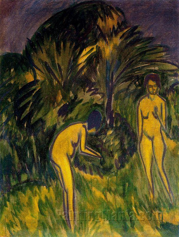 Due nude di donna sotto gli alberi