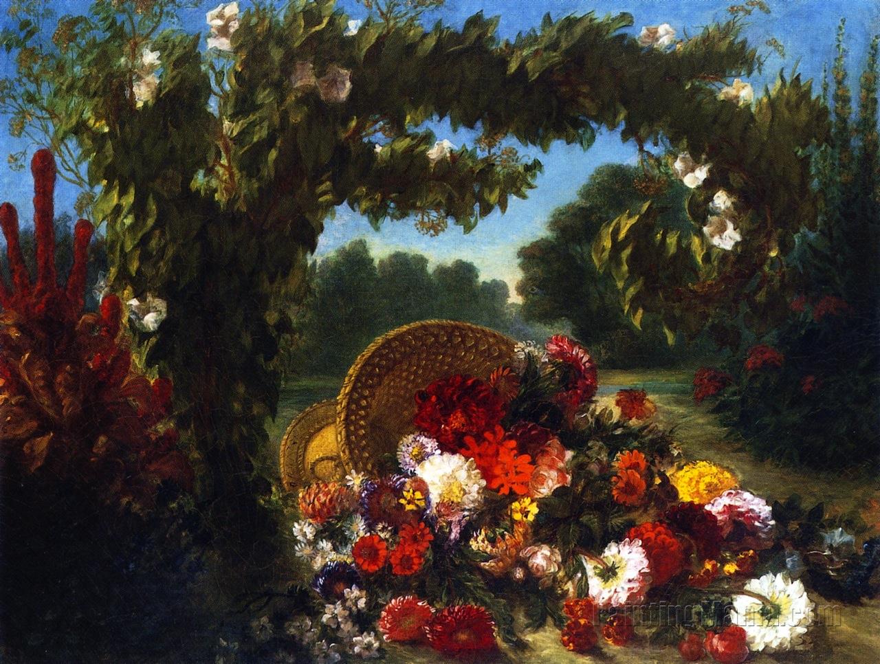 A Basket of Flowers Overturned in a Park