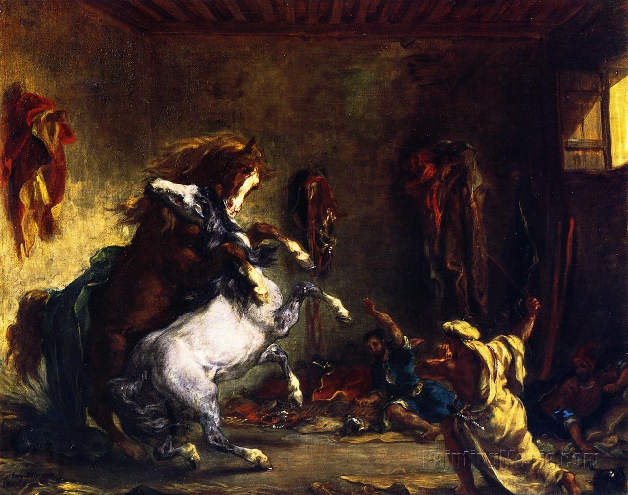 Horses Fighting in a Stable