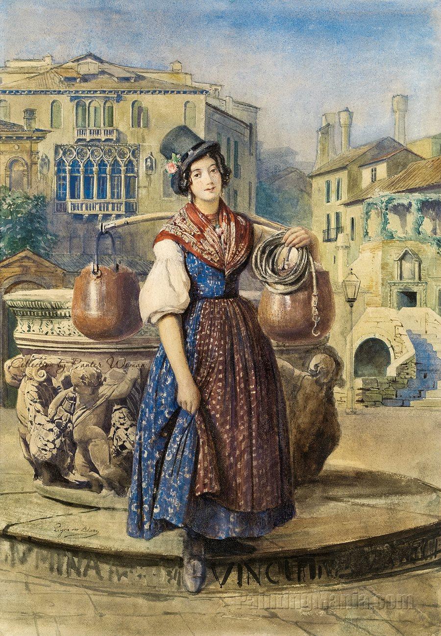 Junge italienische Wassertragerin am Brunnen