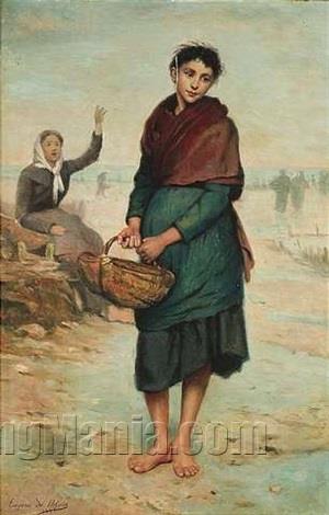 A young fisherman with a basket hanging from the beach