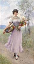 Girl in a Lilac-Coloured Dress with Bouquet of Flowers