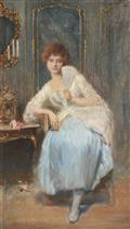 Portrait of a Young Girl Seated in Interior with Fan