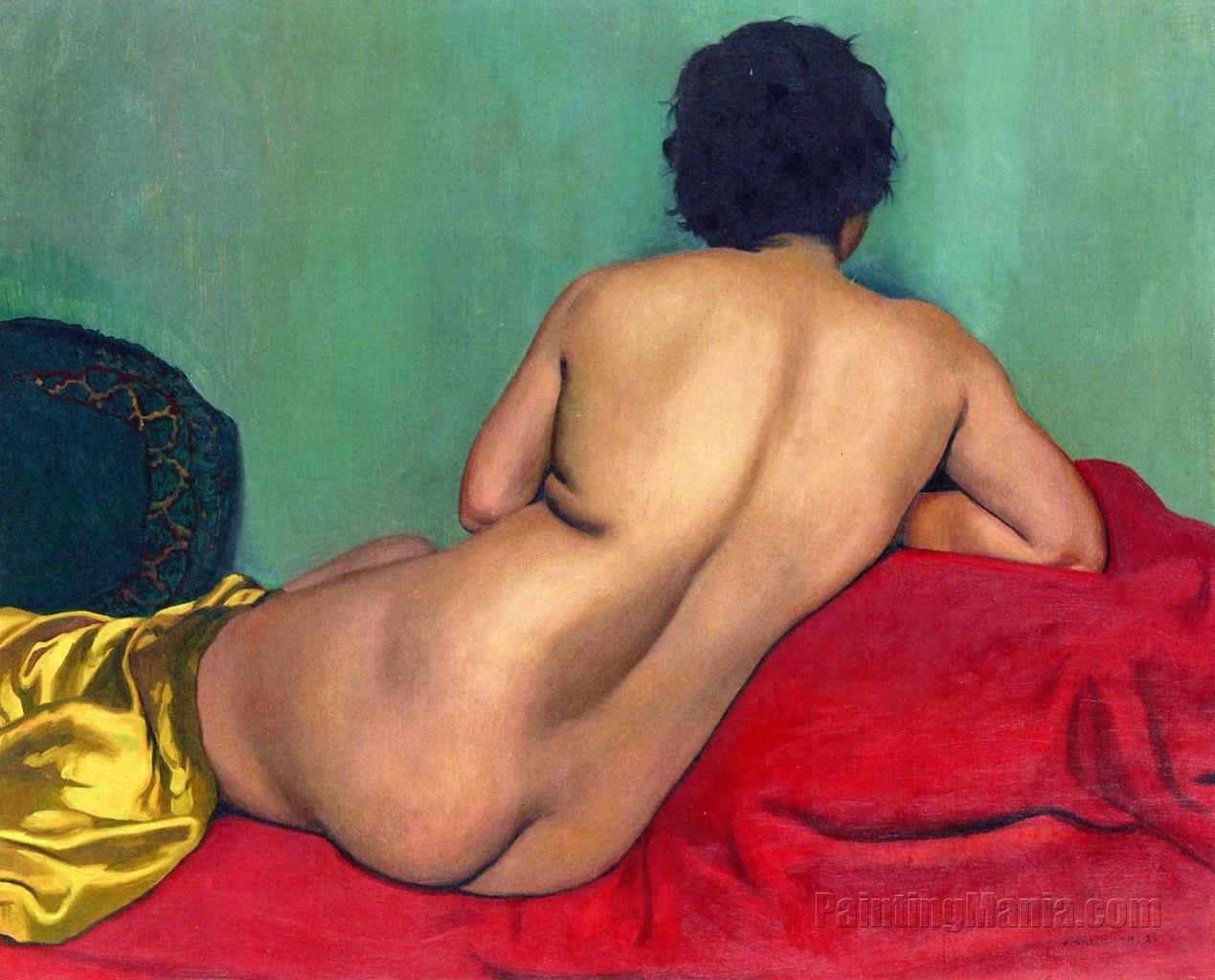 Nude from behind on a Red Sofa