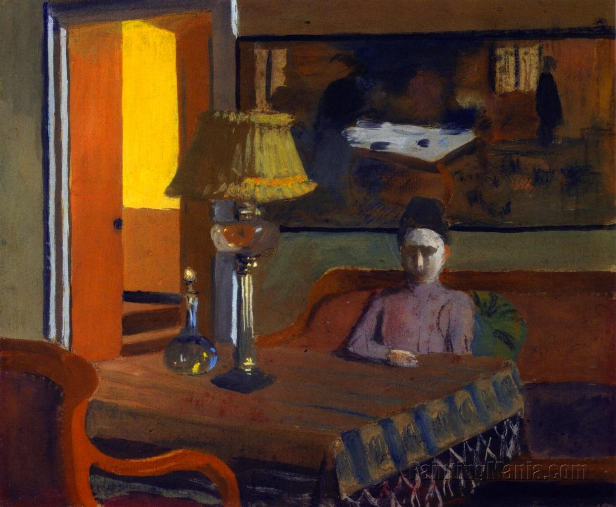 Woman in a Purple Dress Next to a Lamp