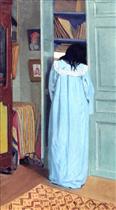 Interior, Woman in Blue Searching in a Cupboard