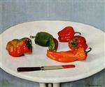 Still Life with Red Peppers on a White Lacquered Table