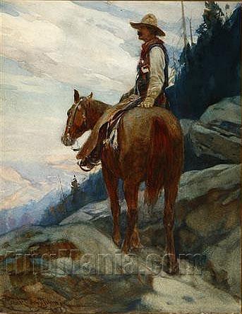 Cowboy on horseback on a mountain trail