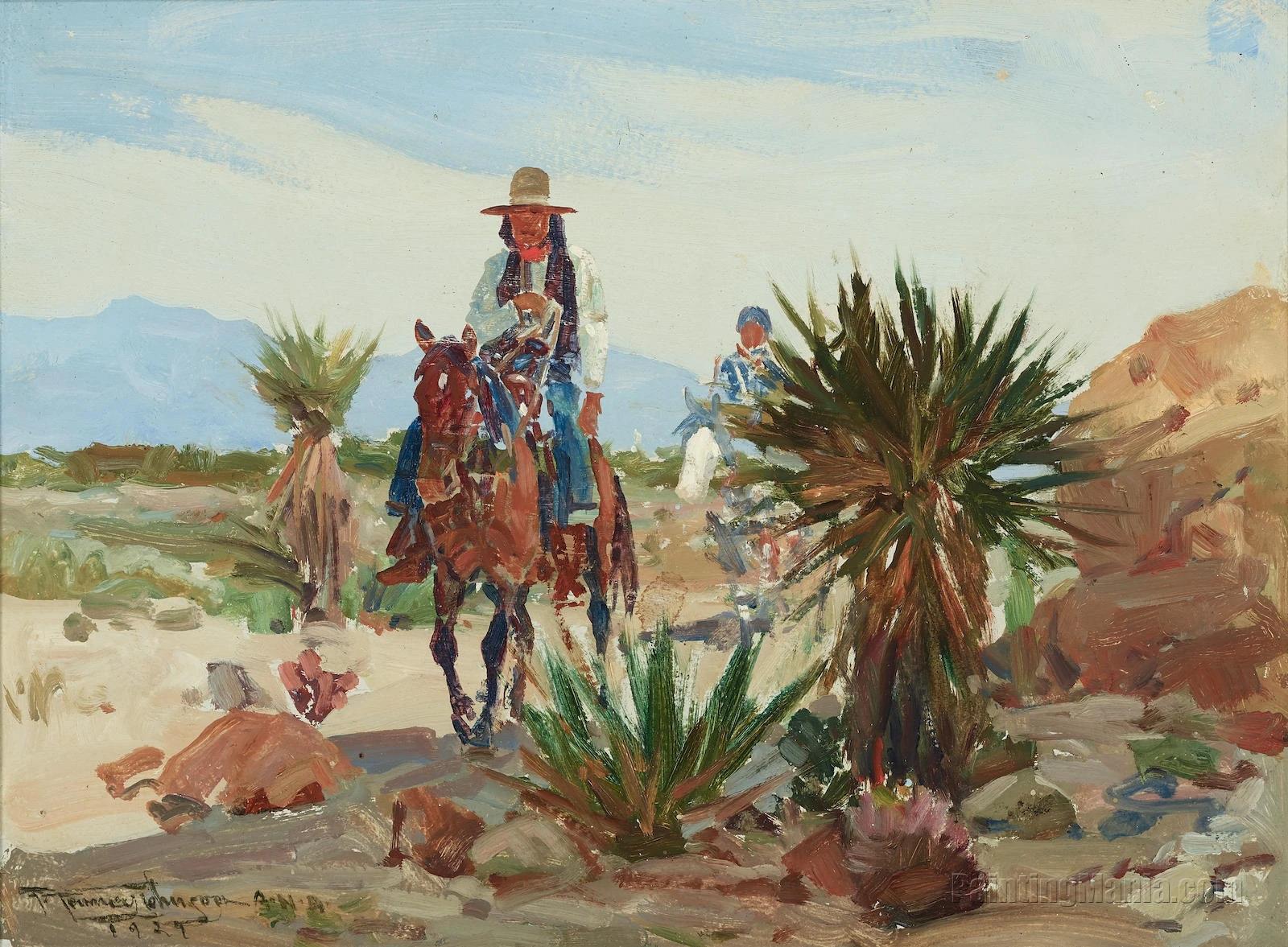 A landscape with two riders on a trail