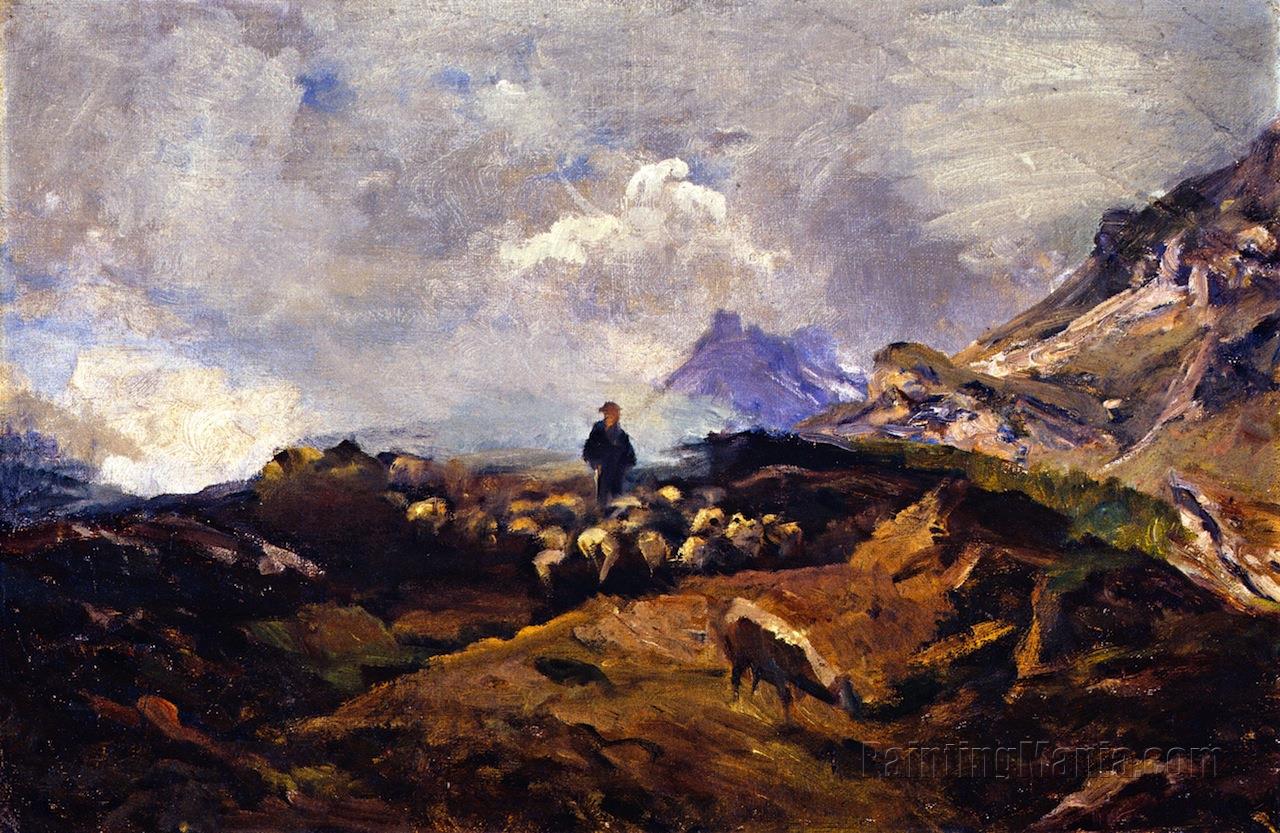 Alpine Landscape with Flock of Sheep