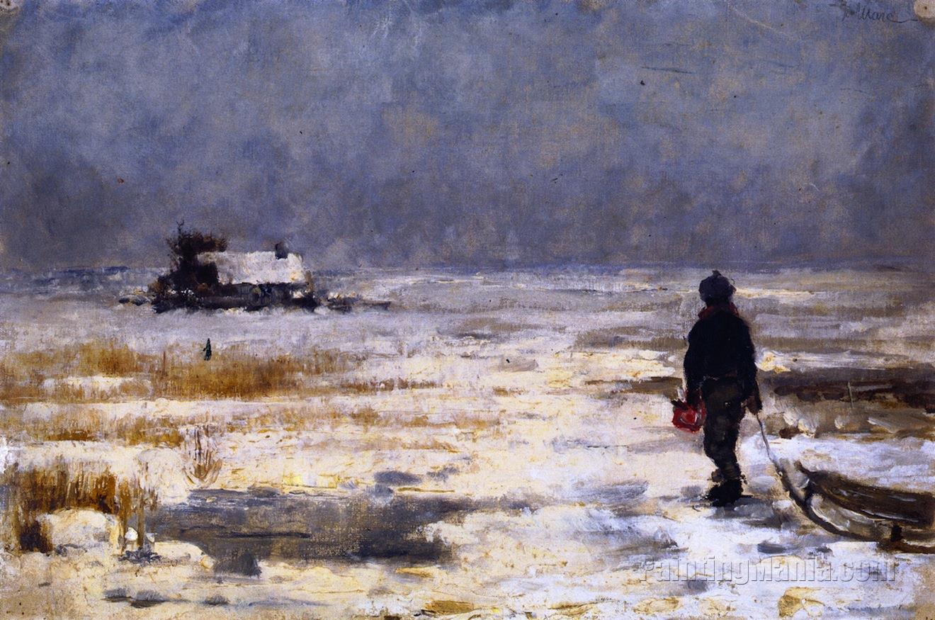 Boy with Sled in a Winter Landscape