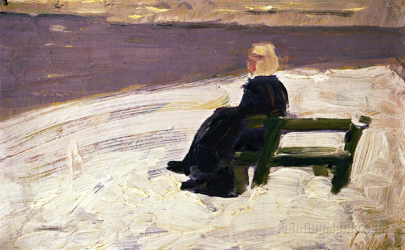 Woman in a Winter Landscape on a Green Bench