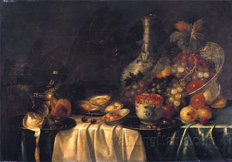 Grapes, Nectarines, Berries and Oysters on a Table