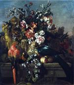 Carnations and Other Flowers with Parrots on a Pedestal