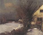 A Winter Scene with Trees and a Small Cottage
