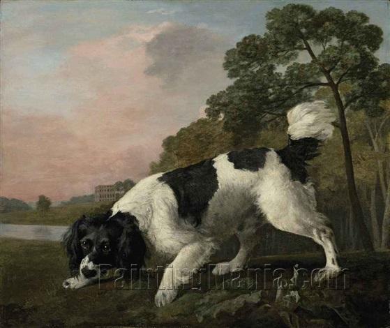 A Black and White Spaniel Following a Scent, in a Landscape with a Lake and Country House Beyond
