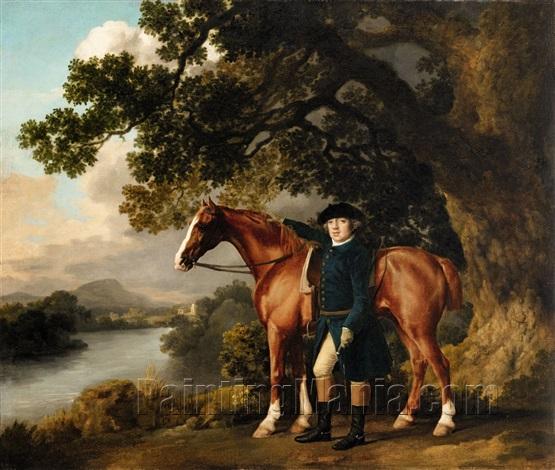 A Gentleman in Riding Clothes Standing beside a Chestnut a Hunter
