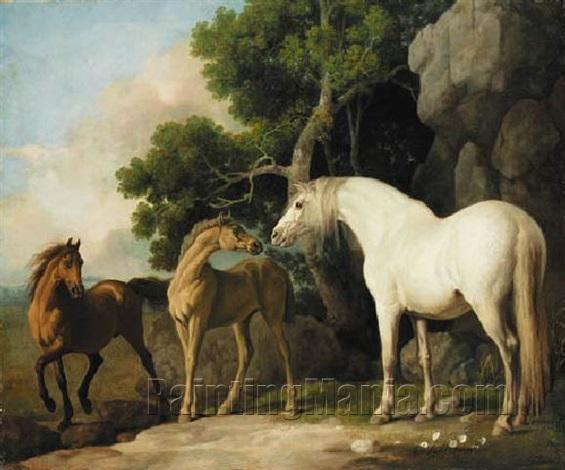 A Mare and Foal with a Bay Horse