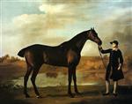 The Duke of Marlborough's bay hunter, with a groom in a lake landscape