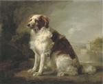 A Red and White Dog, in a Landscape, a Fortified Tower and an Estuary Beyond