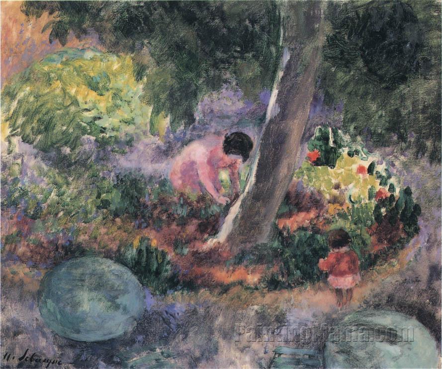 A woman and child in the garden