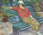 Young woman seated with hydrangeas