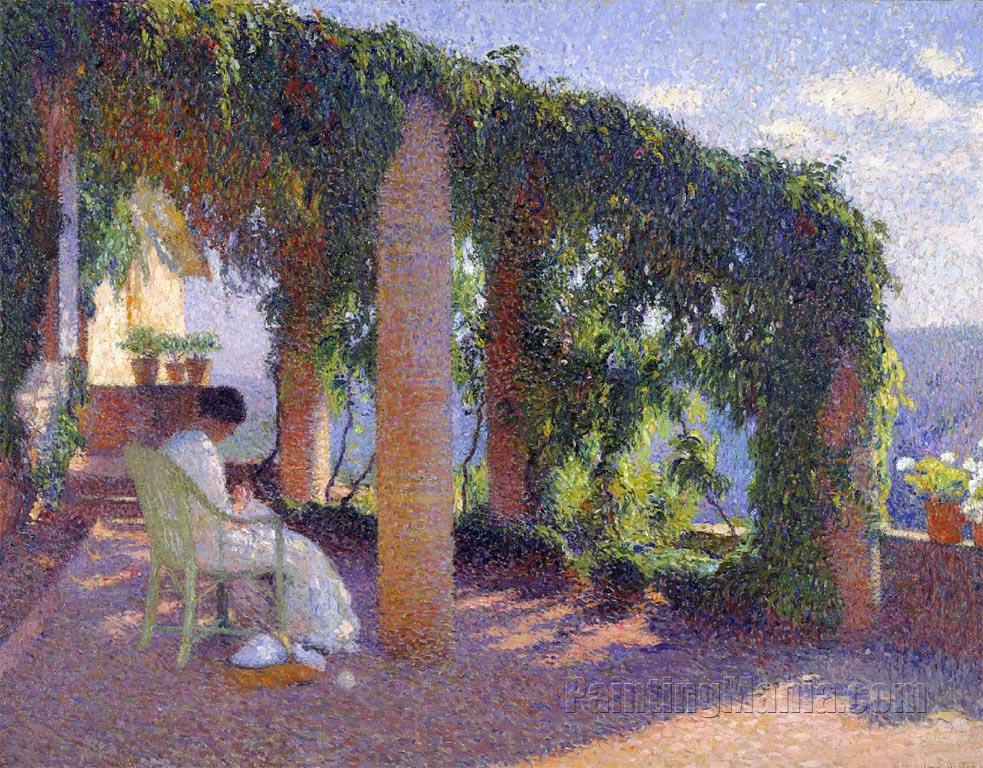 Woman Sewing on a Veranda