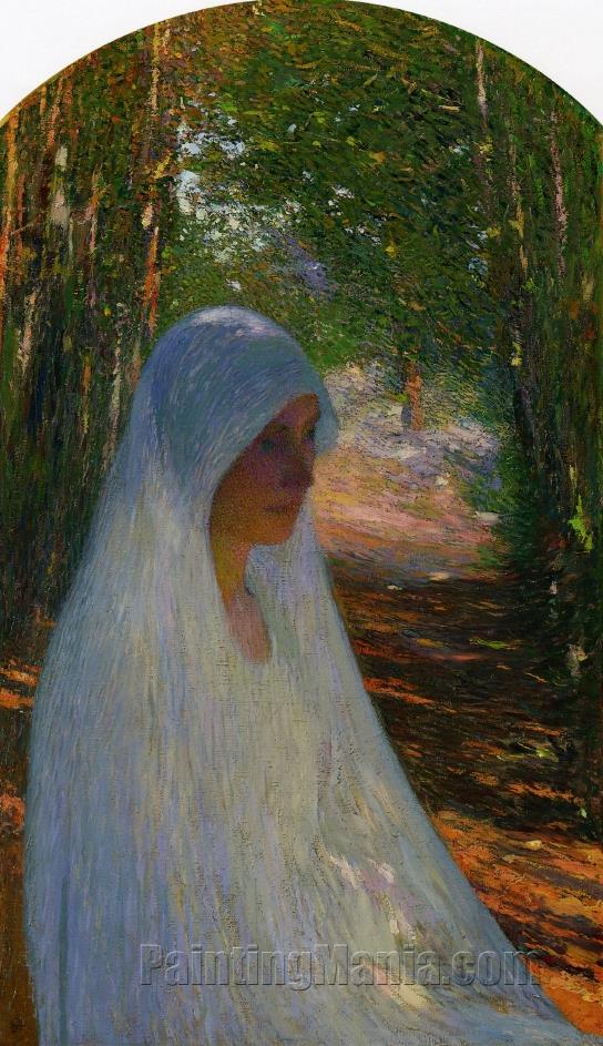 Young Woman Veiled in White in a Forest