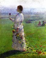 Beautiful Girl Walking through the Field. a Flower in His Hand