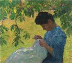 Young Woman Sewing in Garden