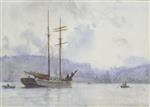 A Topsail Schooner off a Port at Dusk