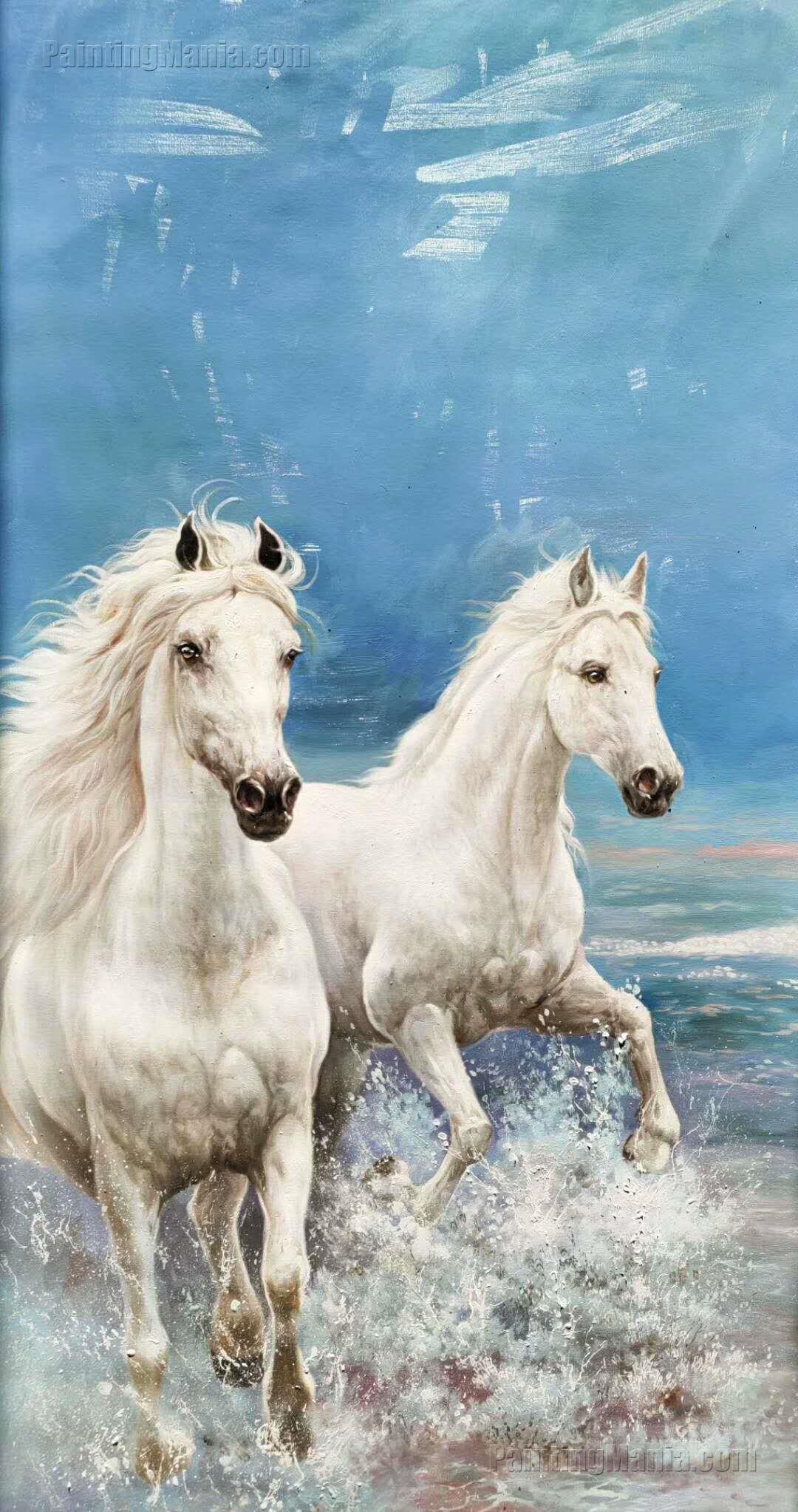 Two White Horses Galloping along the Sea Beach
