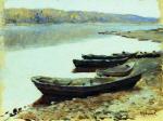 Landscape on Volga. Boats by the Riverbank