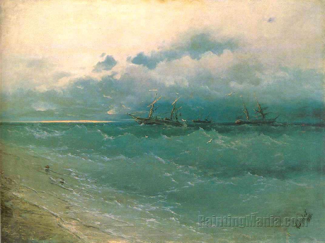 The Ships on Rough Sea, Sunrise