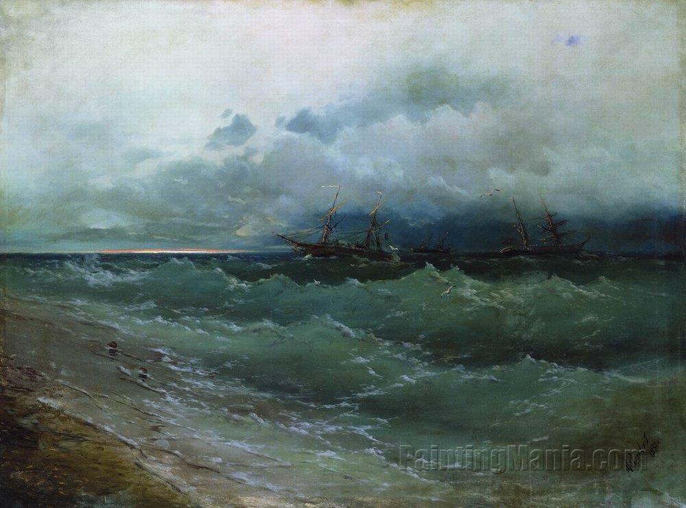 Ships in the Stormy Sea. Sunrise