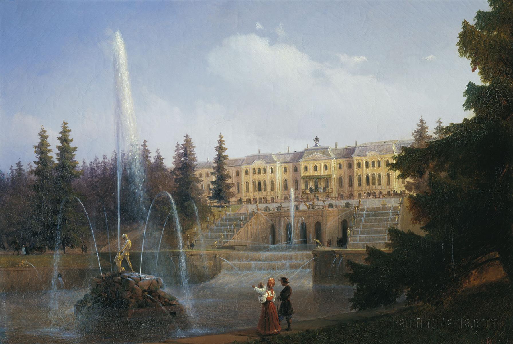 View of the Big Cascade in Petergof and the Great Palace of Petergof