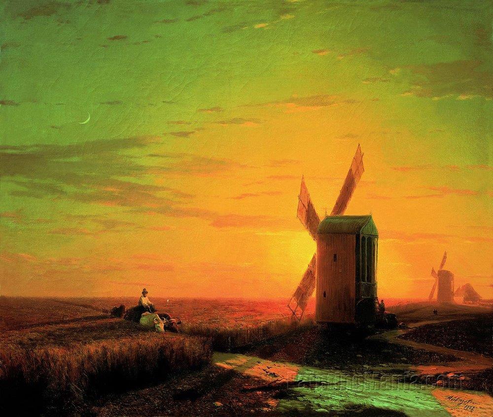 Windmills in the Ukrainian Steppe at Sunset