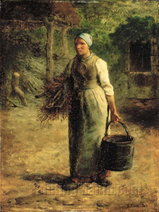 Woman Carrying Firewood and a Pail