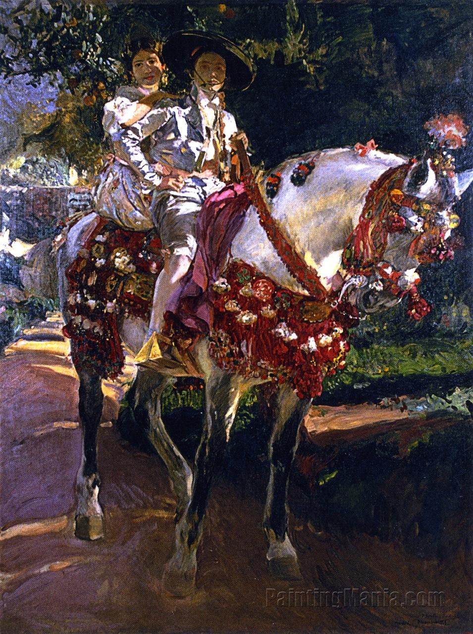 Elena and Maria, the Painter's Daughters, on Horseback in Valencian Period Costumes