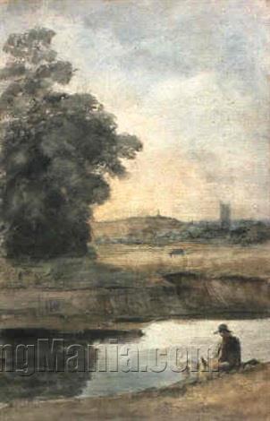 Figure Seated with His Dog by the Edge of a River