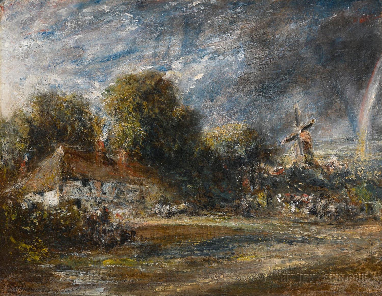 Landscape with a Red-tiled Cottage, A Windmill and a Rainbow