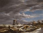 A Winter Landscape with Figures on a Path. A Footbridge and Windmills Beyond