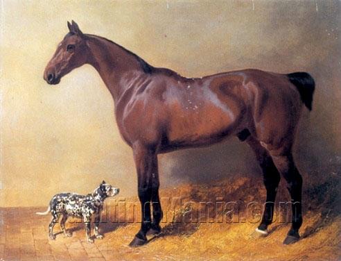 A Bay Hunter and Spotted Dog in a Stable