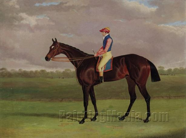 Bessy Bedlam, a brown racehorse with Tommy Lye up, in a landscape