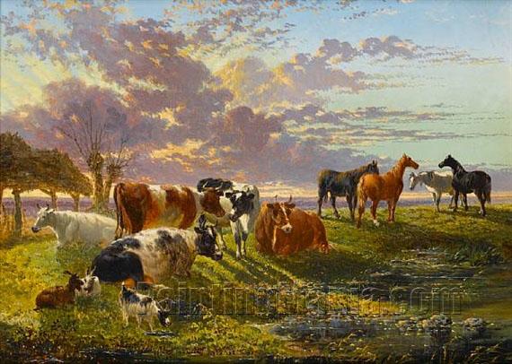 Cattle, Goats and Horses Beside a Stream at Sunset